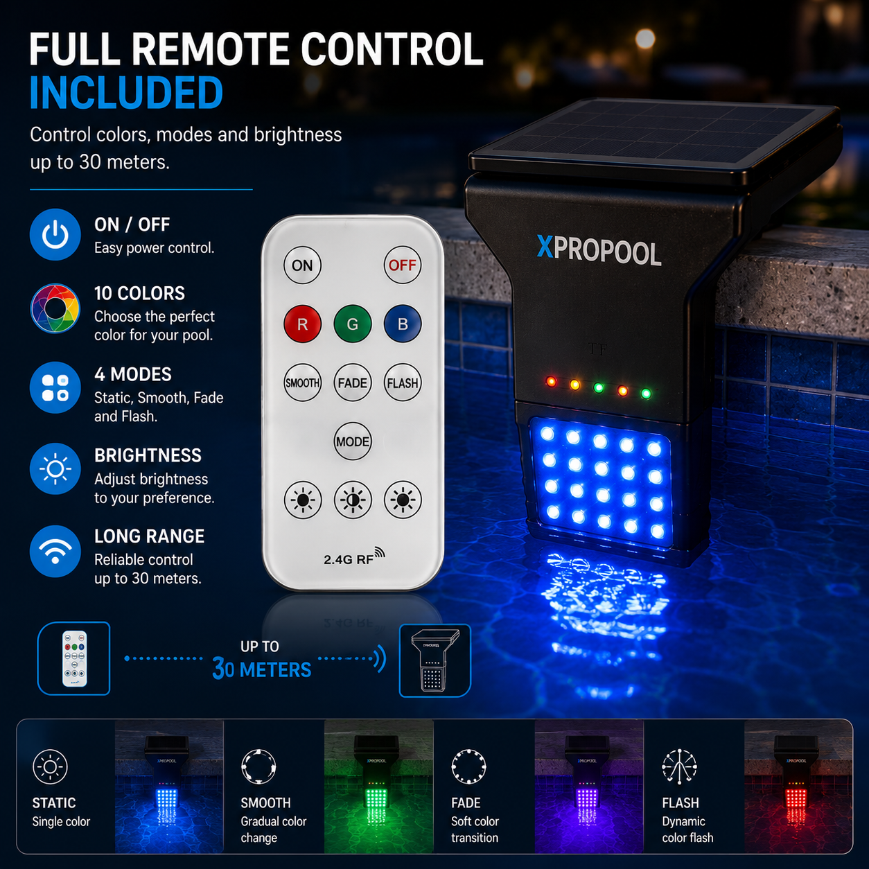 XPRO SOLAR 50 - Full Remote Control - ON/OFF, 10 Colors, 4 Modes (Static, Smooth, Fade, Flash), Brightness adjustment, Range up to 30 meters