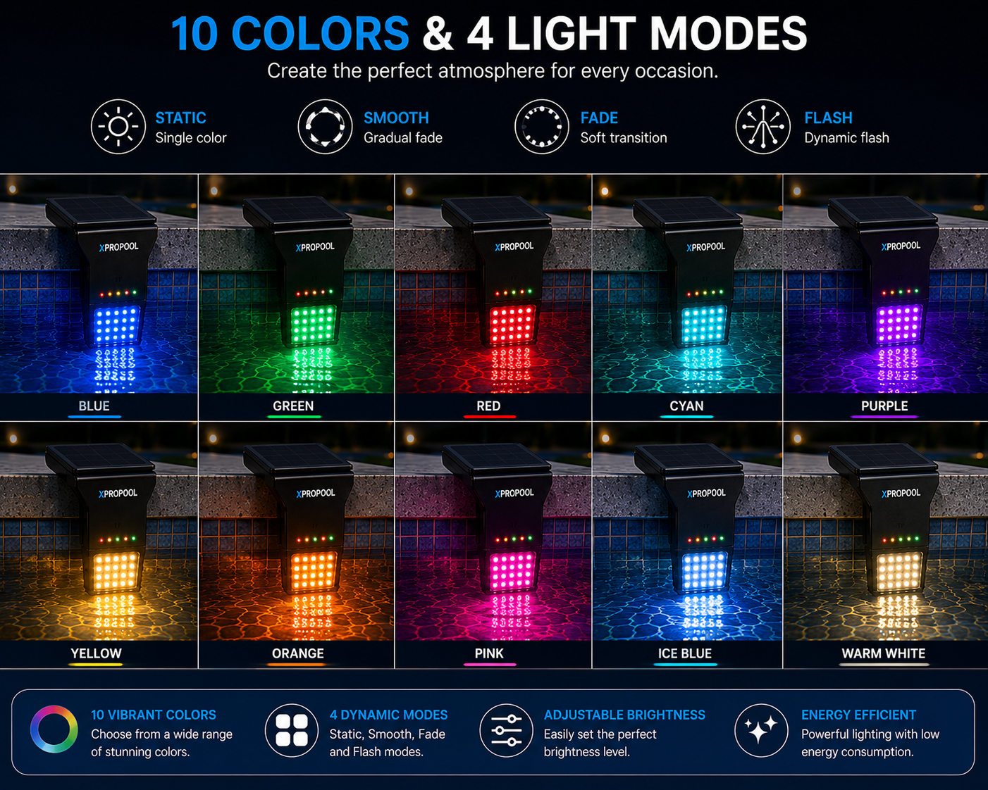 XPRO SOLAR 50 - 10 Colors and 4 Light Modes - Blue, Green, Red, Cyan, Purple, Yellow, Orange, Pink, Ice Blue, Warm White in Static, Smooth, Fade and Flash modes