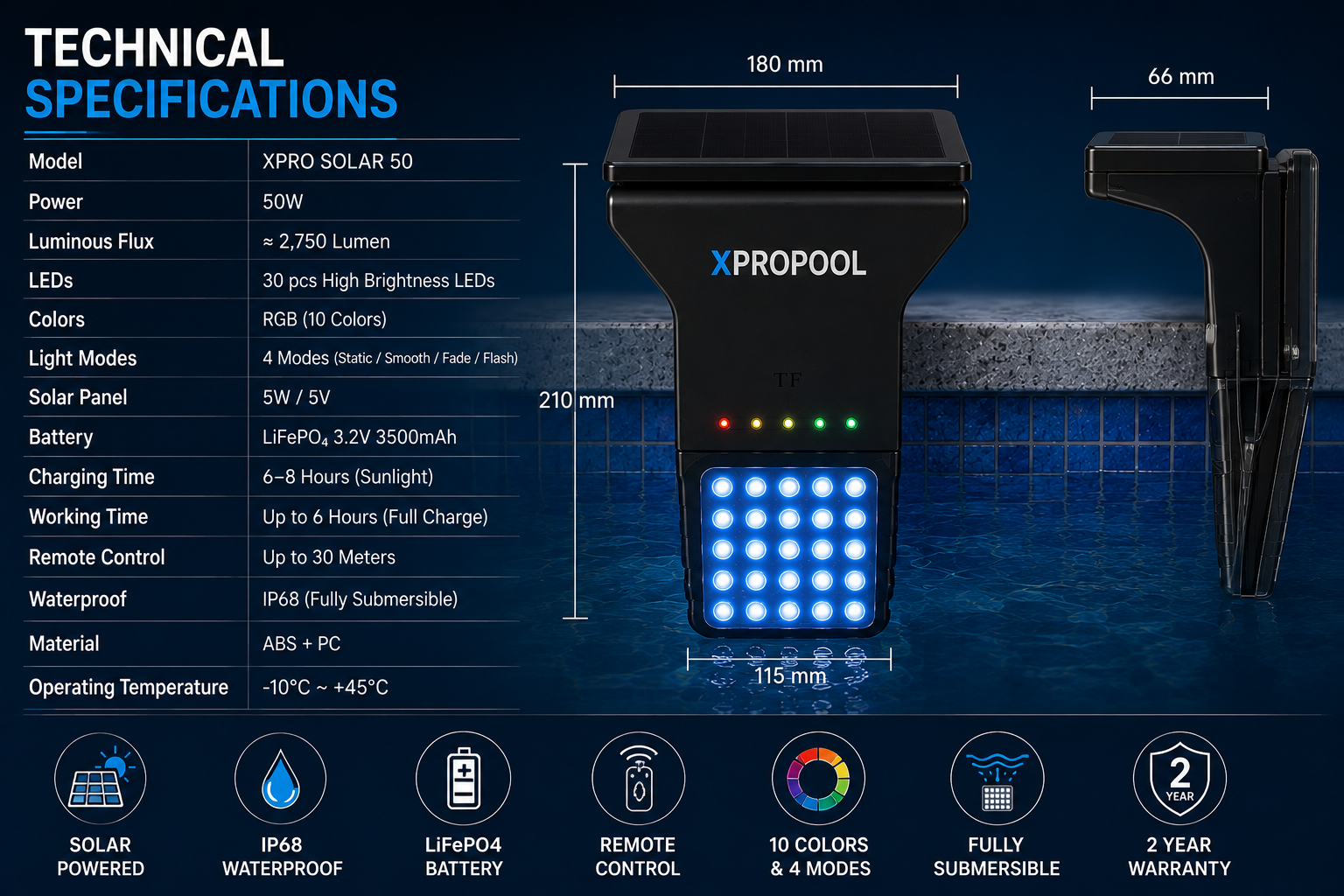 XPRO SOLAR 50 - Smart. Powerful. 100% Solar. - 100% Solar Powered, IP68 Waterproof, Long-lasting Battery LiFePO4 3500mAh, 10 Colors and 4 Modes, Remote Control up to 30 meters, Solar Charging, Automatic Lighting, Safe and Reliable, Eco Friendly